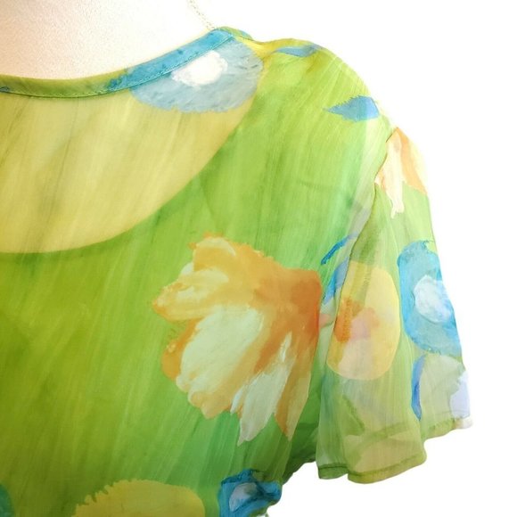 Vintage 90s Lime Green Chiffon‎ Watercolor Floral Dress Layered Sz M Medium - Picture 6 of 9